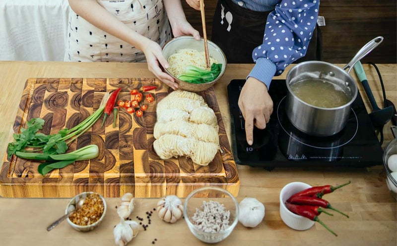 FANICHI Acacia End Grain Cutting Board (17x13x1.5in), Butcher Block - Reversible Multipurpose Chopping Board with Juice Groove, Cracker Holder & Inner Handles - Image 3